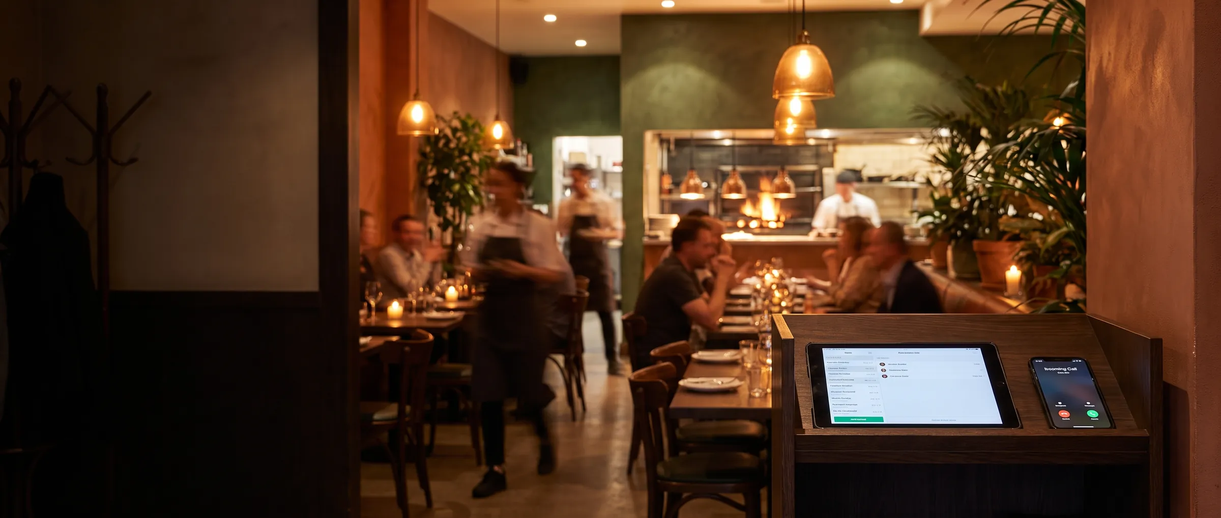 A full dining room during dinner service, the host stand unattended while a call comes in